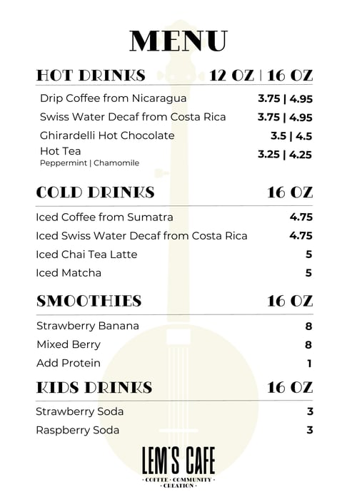 Lem's Cafe Drink Menu