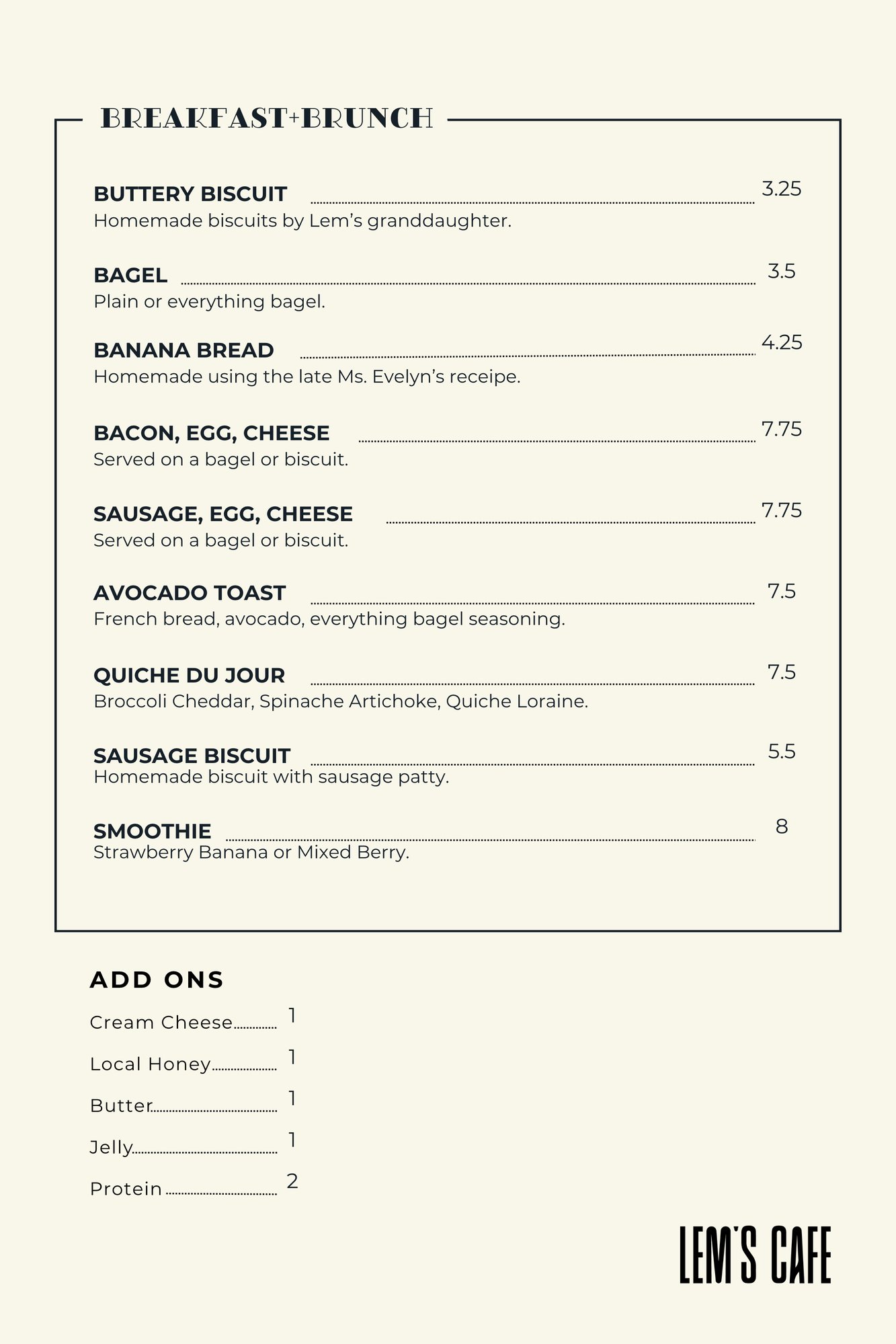 Lems Cafe Food Menu