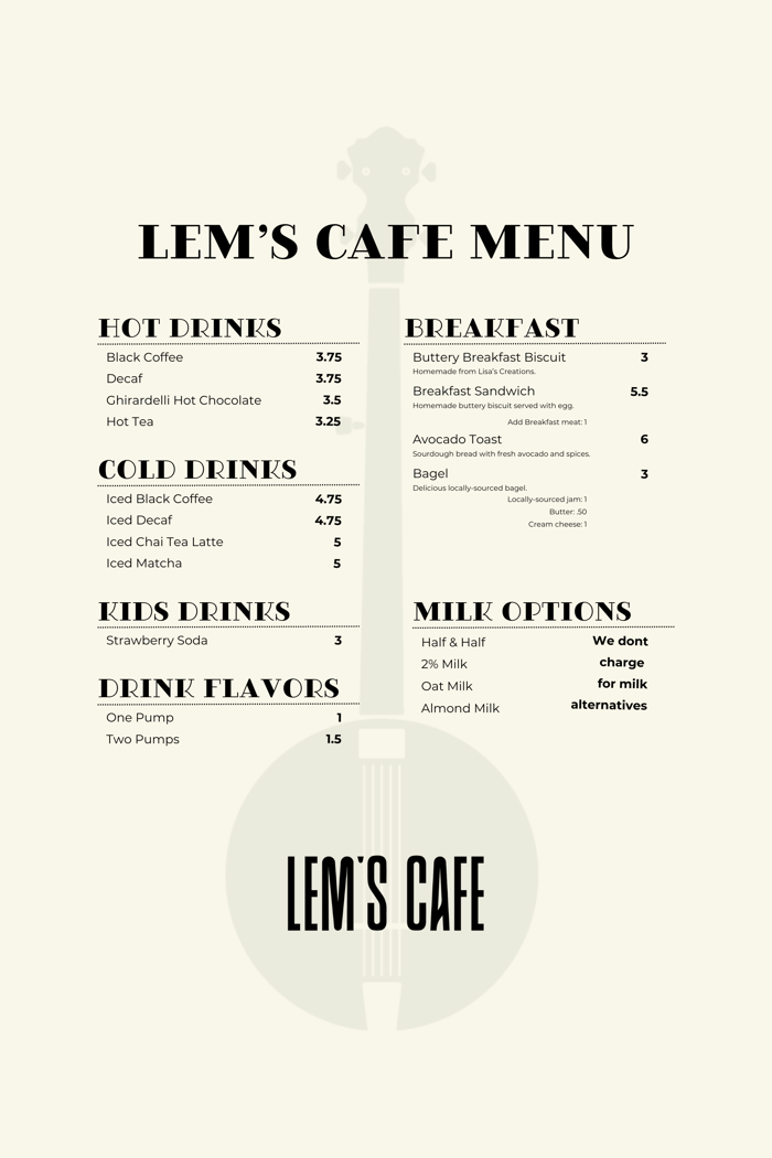 Lem's Cafe Menu