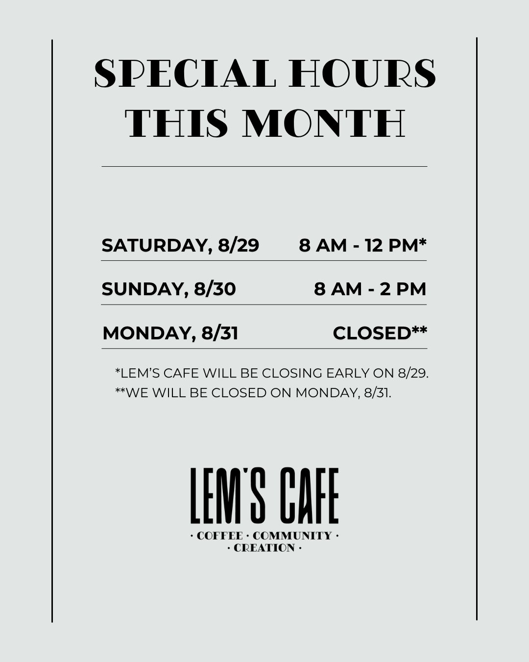 Special August Hours 2026